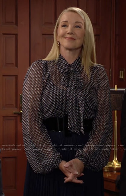 Nikki's navy printed tie neck blouse on The Young and the Restless