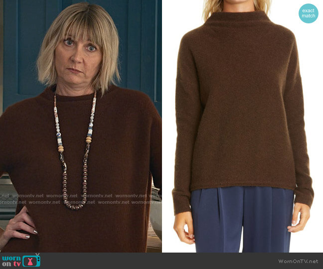 Vince Funnel Neck Boiled Cashmere Sweater In Heather Brown Stone worn by Maria (Kerri Kenney) on Maggie