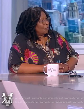 Whoopi’s black printed blouse on The View