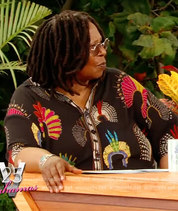 Whoopie's black printed top and pants on The View