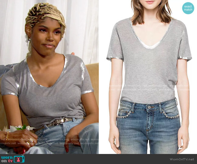 Zadig & Voltaire Tino Foil T-Shirt in Light Grey worn by Paris Buckingham (Diamond White) on The Bold and the Beautiful