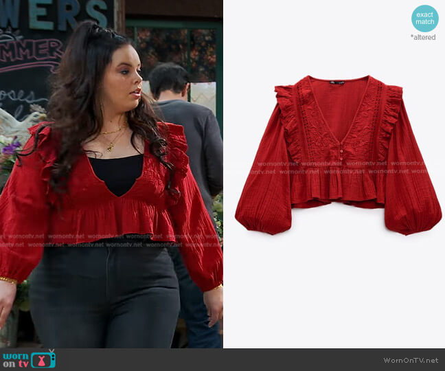 Zara Embroidered Frilled Top worn by Lou Hockhauser (Miranda May) on Bunkd