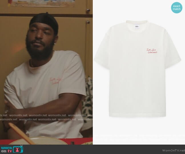 Embroidered Text T-Shirt by Zara worn by Luke James on The Chi worn by Trig (Luke James) on The Chi