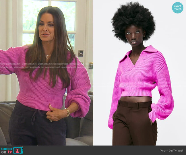Zara Knit Sweater with Balloon Sleeves worn by Kyle Richards on The Real Housewives of Beverly Hills