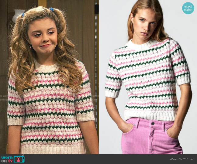 Striped Knit Sweater by Zara worn by Destiny Baker (Mallory James Mahoney) on Bunkd