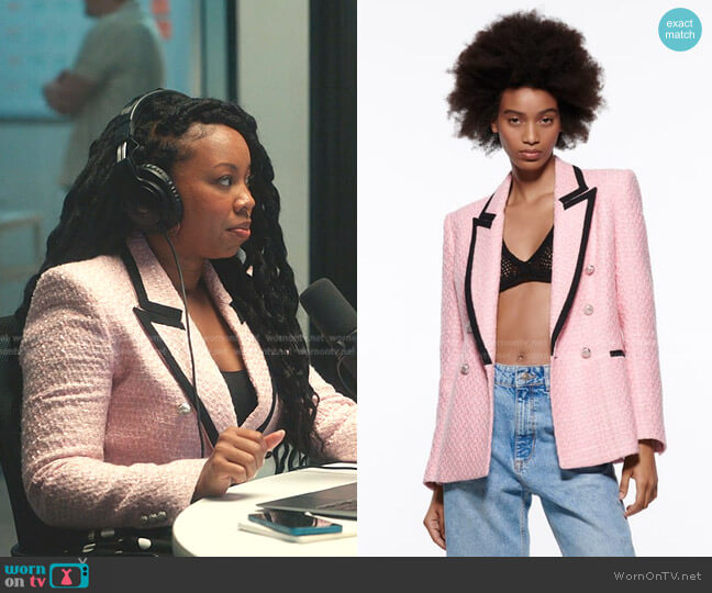 Zara Textured Blazer with Contrast Piping worn by Malika ( Toccarra Cash) on Everythings Trash