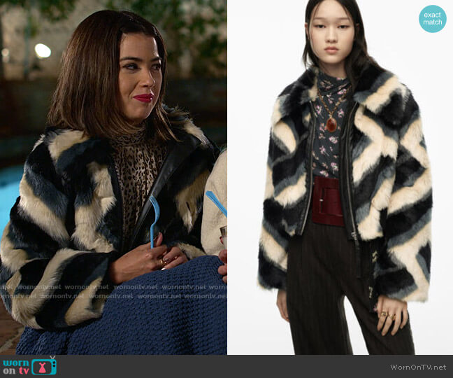 Zara Limited Edition Faux Fur Jacquard Jacket worn by Louise (Nichole Sakura) on Maggie