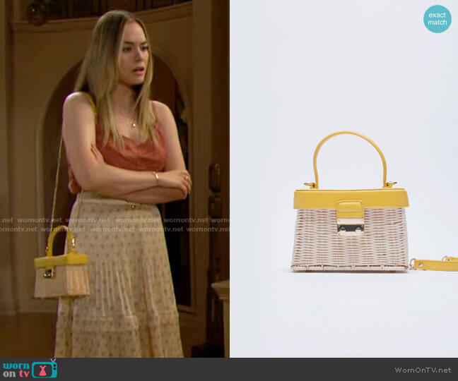 Zara Rattan Box Bag with Handle worn by Hope Logan (Annika Noelle) on The Bold and the Beautiful