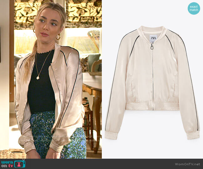 Zara Satin Bomber Jacket with Piping worn by Maggie (Rebecca Rittenhouse) on Maggie