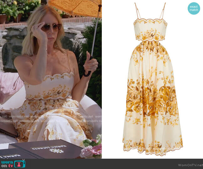 Aliane floral linen midi dress by Zimmermann worn by Vicki Gunvalson on The Real Housewives Ultimate Girls Trip
