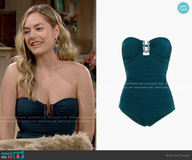 Zimmermann Sculpt Link ruched bandeau swimsuit worn by Hope Logan (Annika Noelle) on The Bold and the Beautiful