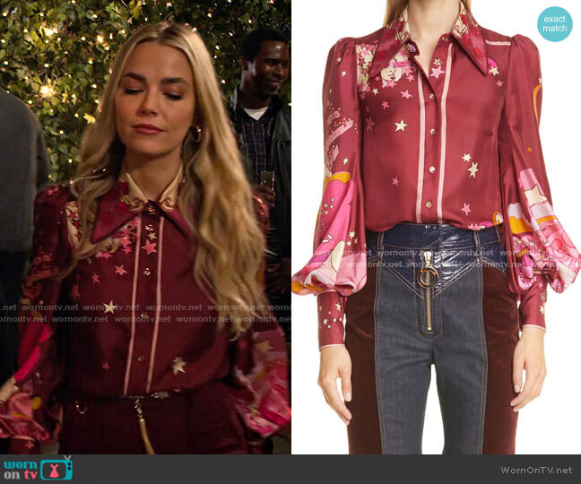 Zimmermann Concert Print Balloon Sleeve Silk Blouse worn by Amy (Angelique Cabral) on Maggie