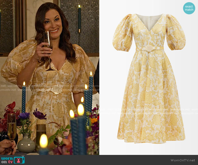 Amy’s yellow floral rehearsal dinner dress on Maggie