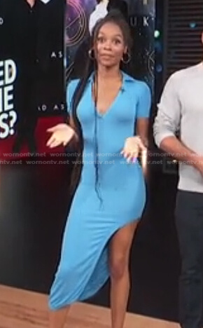 Zuri's blue asymmetric collared dress on Access Hollywood