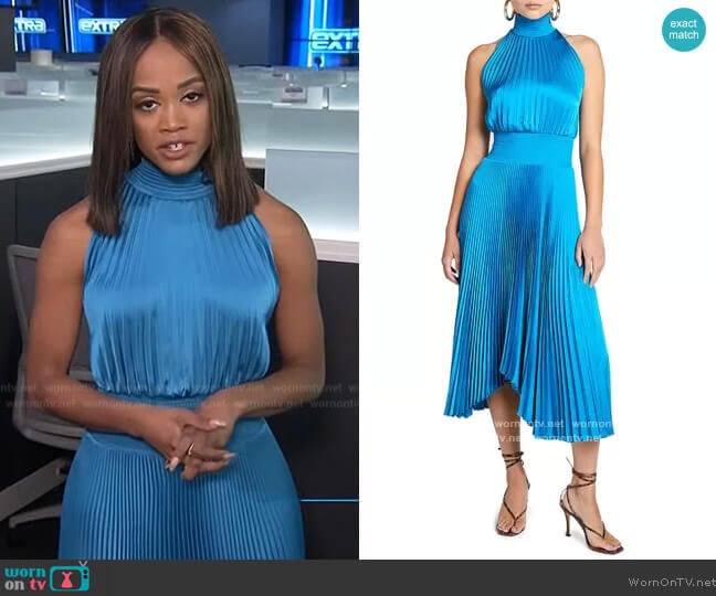 WornOnTV: Rachel's blue pleated halter dress on Extra | Rachel