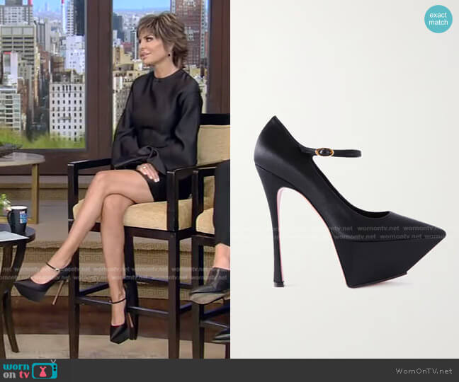 Amina Muaddi Yigit Silk-Satin Platform Pumps worn by Lisa Rinna on Live with Kelly and Mark