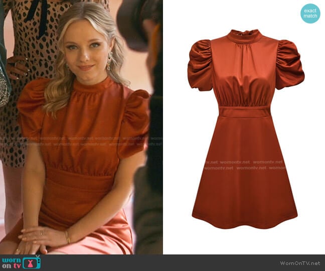 Amy Lynn Lorna Puff-Sleeved Satin Mini Dress worn by Claire Badgley (Seri DeYoung) on Good Trouble