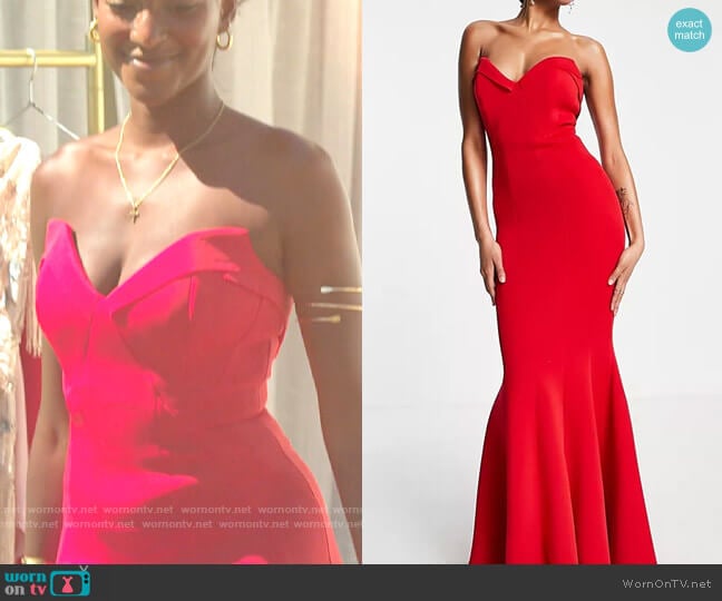 ASOS Design Fishtail Sweetheart Neck Maxi Dress in Hot Red worn by Zeta Morrison on Love Island USA