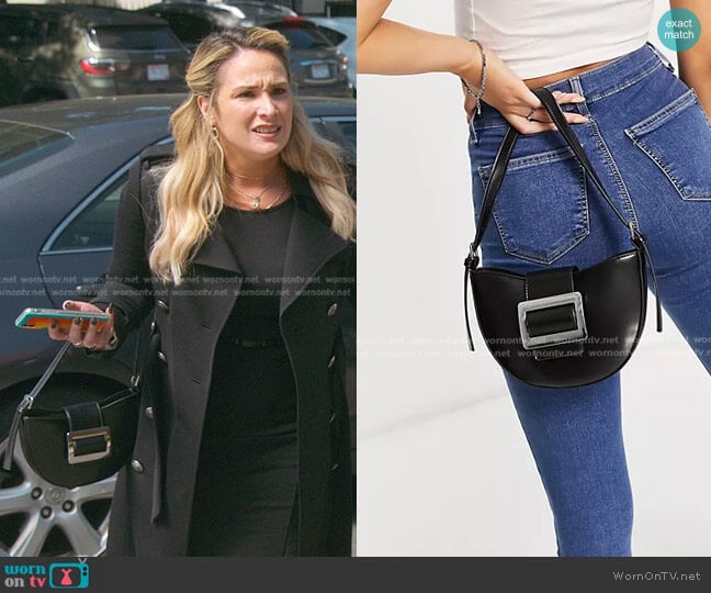 Asos Curved 90s Shoulder Bag with Buckle in black worn by Davia (Emma Hunton) on Good Trouble