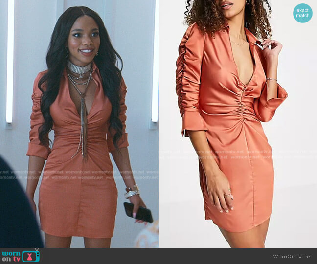 Asos Satin Mini Shirt Dress with Ruched Detail in Rust worn by Zelda Grant (Teala Dunn) on Good Trouble