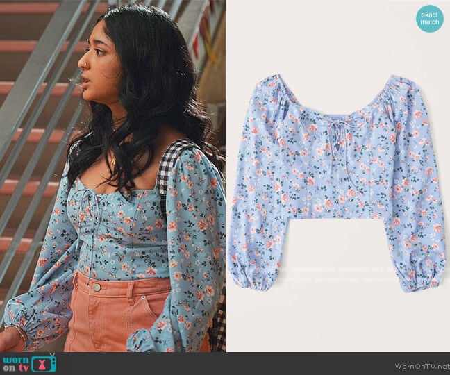 Abercrombie and Fitch Puff Sleeve Lace-Up Sweetheart Blouse worn by Devi Vishwakumar (Maitreyi Ramakrishnan) on Never Have I Ever