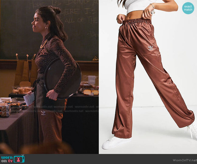 Adidas Originals 2000's Luxe Satin Wide Leg Trousers worn by Aneesa (Megan Suri) on Never Have I Ever