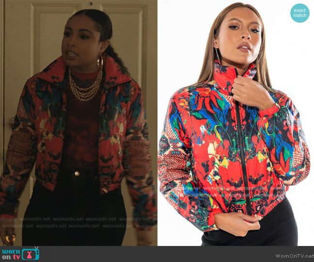 Akira Printed Bomber Puffer Jacket worn by Tiffany (Hannaha Hall) on The Chi