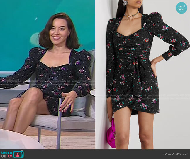 Alessandra Rich Ruched Floral-Print Silk-Jacquard Mini Dress worn by Aubrey Plaza on Today