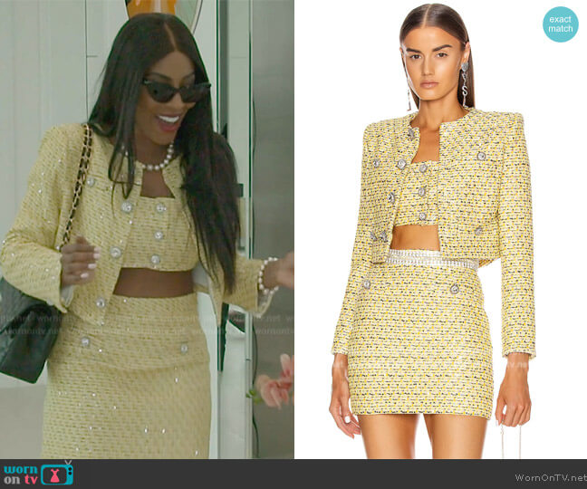 Alessandra Rich Sequin Tweed Crop Jacket and Skirt worn by Caroline Brooks (Caroline Brooks) on The Real Housewives of Dubai