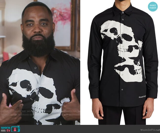 Alexander McQueen Skull Graphic Button-Up Shirt worn by Todd Tucker on The Real Housewives of Atlanta