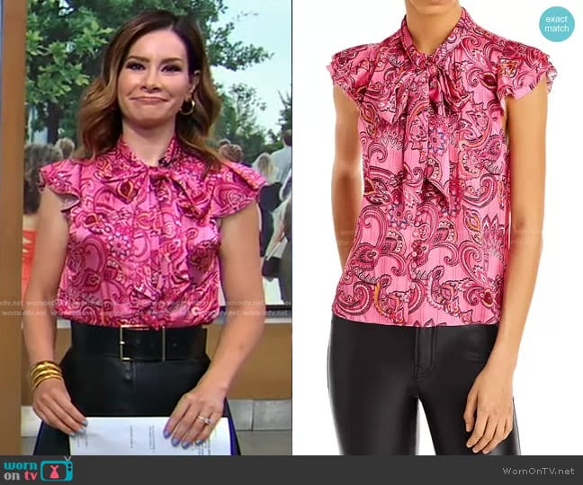 Alice + Olivia Brentley Flutter Sleeve Top worn by Rebecca Jarvis on Good Morning America