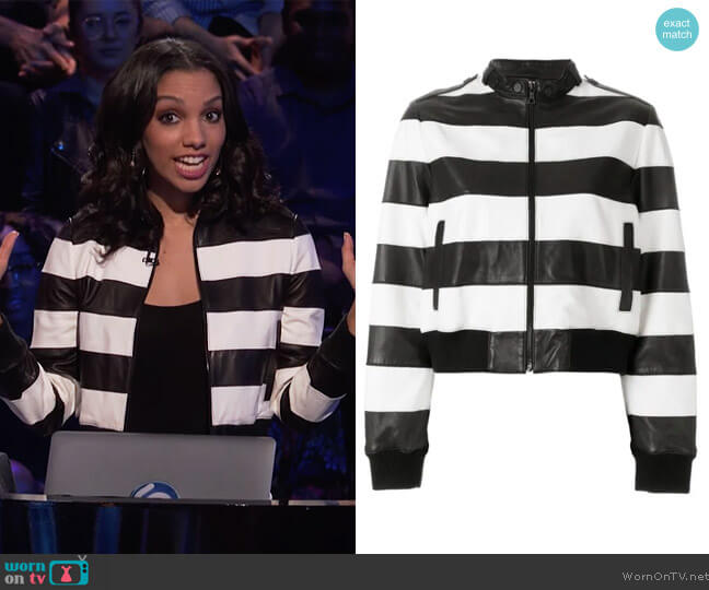 Alice + Olivia Nixon Mock neck stripe Jacket worn by Corinne Foxx on Beat Shazam