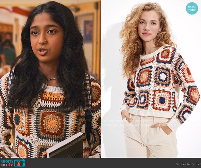 American Eagle Crochet Sweater worn by Devi Vishwakumar (Maitreyi Ramakrishnan) on Never Have I Ever