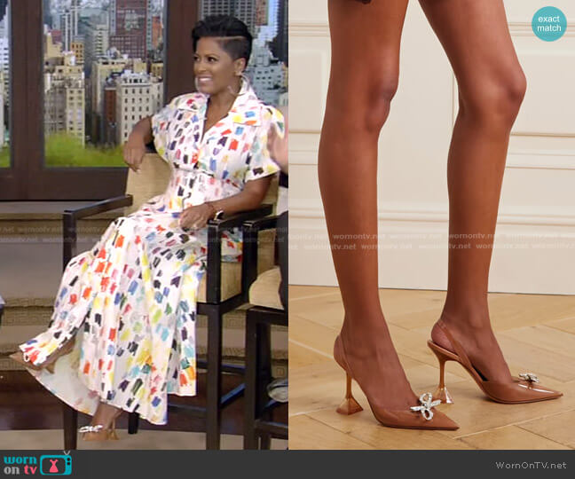 Amina Muaddi Rosie Crystal Bow Slingback Pumps worn by Tamron Hall on Live with Kelly and Ryan