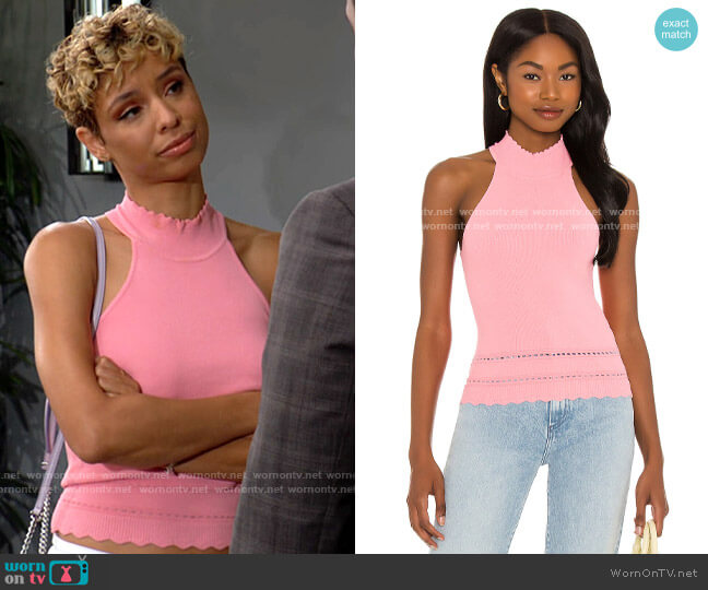 Autumn Cashmere Pointelle Tucked Stitch Bordered Halter Top in Shrimp Pink worn by Elena Dawson (Brytni Sarpy) on The Young and the Restless