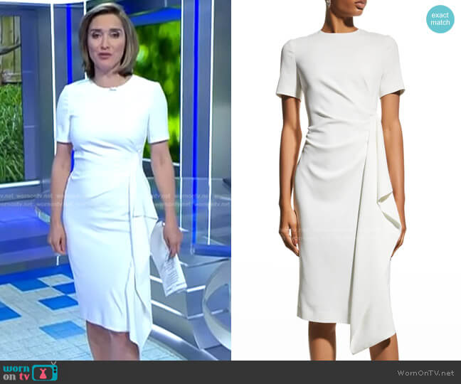 Badgley Mischka Collection Crepe Sheath Dress with Cascading Side-Drape worn by Margaret Brennan on CBS Evening News