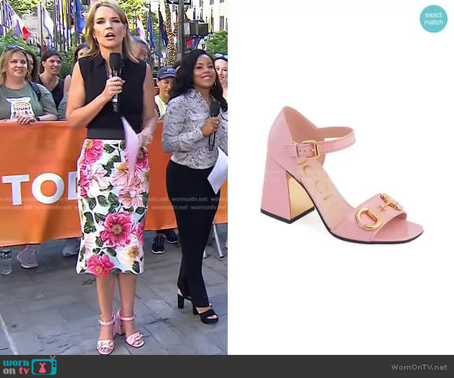 Gucci Baby Buckle Horsebit Ankle-Strap Sandals worn by Savannah Guthrie on Today