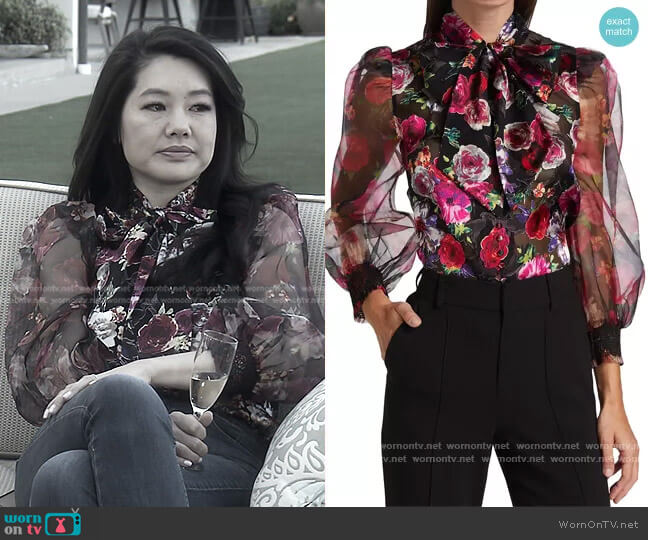 Alice + Olivia Brentley Floral Tie Neck Sheer Blouse worn by Crystal Kung Minkoff on The Real Housewives of Beverly Hills