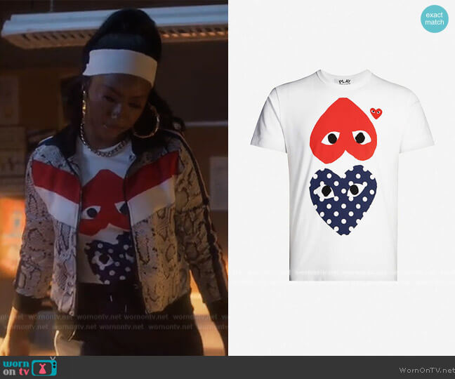 Comme Des Garcons Play Heart-print cotton-jersey T-shirt worn by Annika (Justine Skye) on Grown-ish
