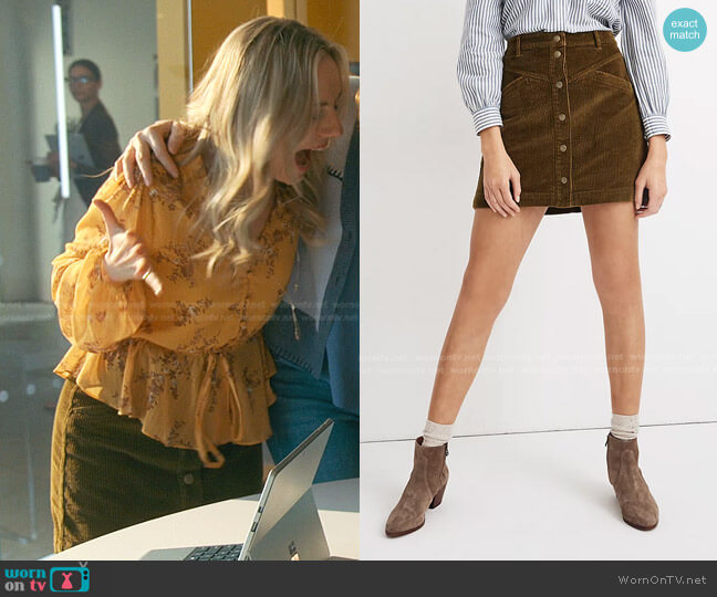 Madewell Corduroy A-Line Snap Mini Skirt worn by Claire Badgley (Seri DeYoung) on Good Trouble