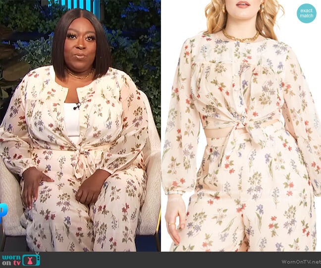 Eloquii Floral Sheer Button-Up Blouse and Pants worn by Loni Love on E! News