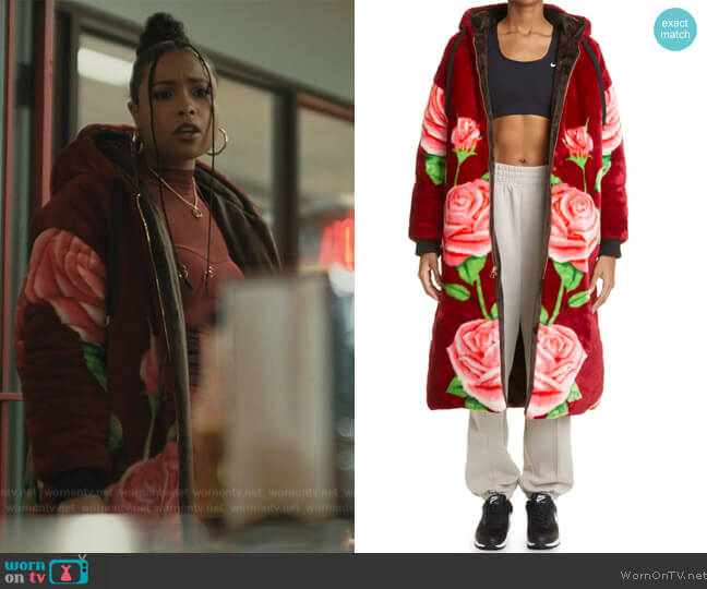 Equihua Unisex Devotion Cobija Floral Hooded Blanket Coat worn by Tiffany (Hannaha Hall) on The Chi
