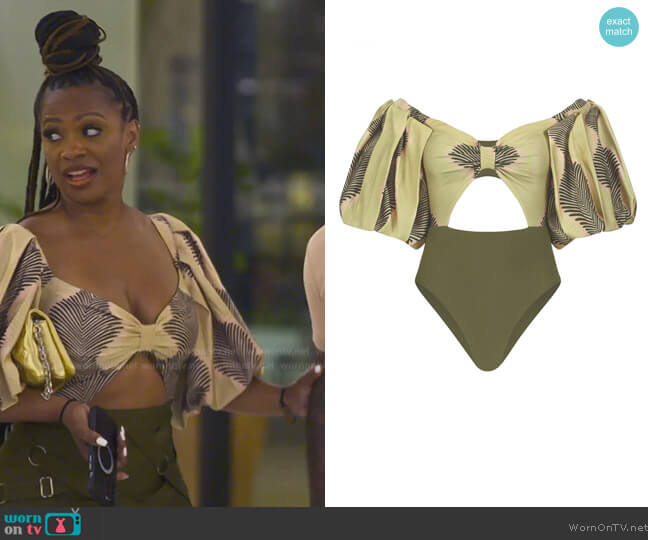 FeNoel Gatsby Palm Two Tone Puff Sleeve Bodysuit worn by Kandi Burruss on The Real Housewives of Atlanta