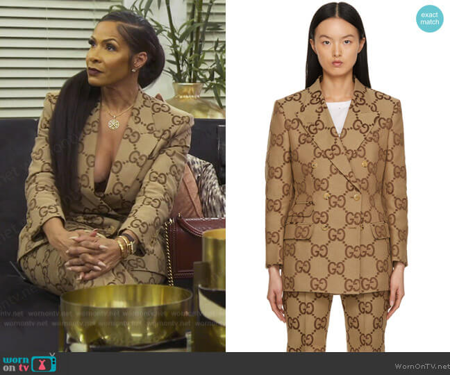 Gucci Brown GG Canvas Double-Breasted Blazer and Pants worn by Sheree Whitefield on The Real Housewives of Atlanta