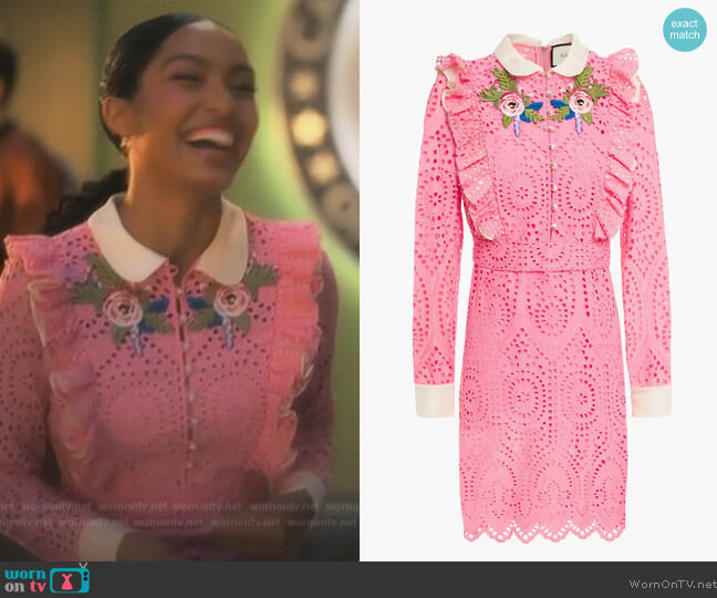Gucci Floral-appliqued ruffled broderie anglaise dress worn by Zoey Johnson (Yara Shahidi) on Grown-ish