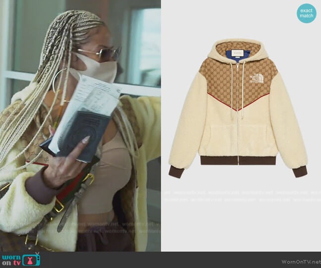 Gucci The North Face GG Canvas and Shearling Jacket worn by Drew Sidora on The Real Housewives of Atlanta