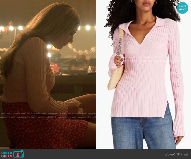 Helmut Lang Ribbed-knit polo shirt worn by Kelly Beasley (Mallory Bechtel) on Pretty Little Liars Original Sin