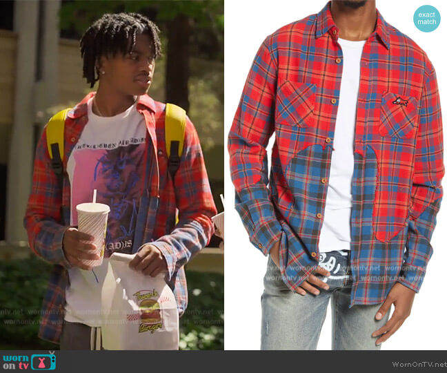 Ice Cream Big Melt Colorblock Plaid Flannel Button-Up Shirt worn by Zeke (Ceyair J Wright) on Grown-ish