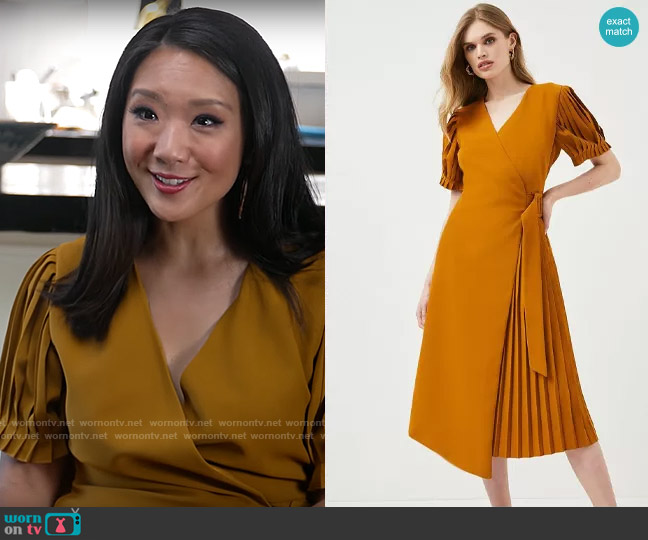 Karen Millen Soft Tailored Pleat Panelled Wrap Dress worn by Nancy Chen on CBS Mornings
