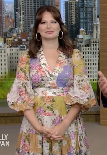 Katie Lowes's floral patchwork wrap dress on Live with Kelly and Ryan